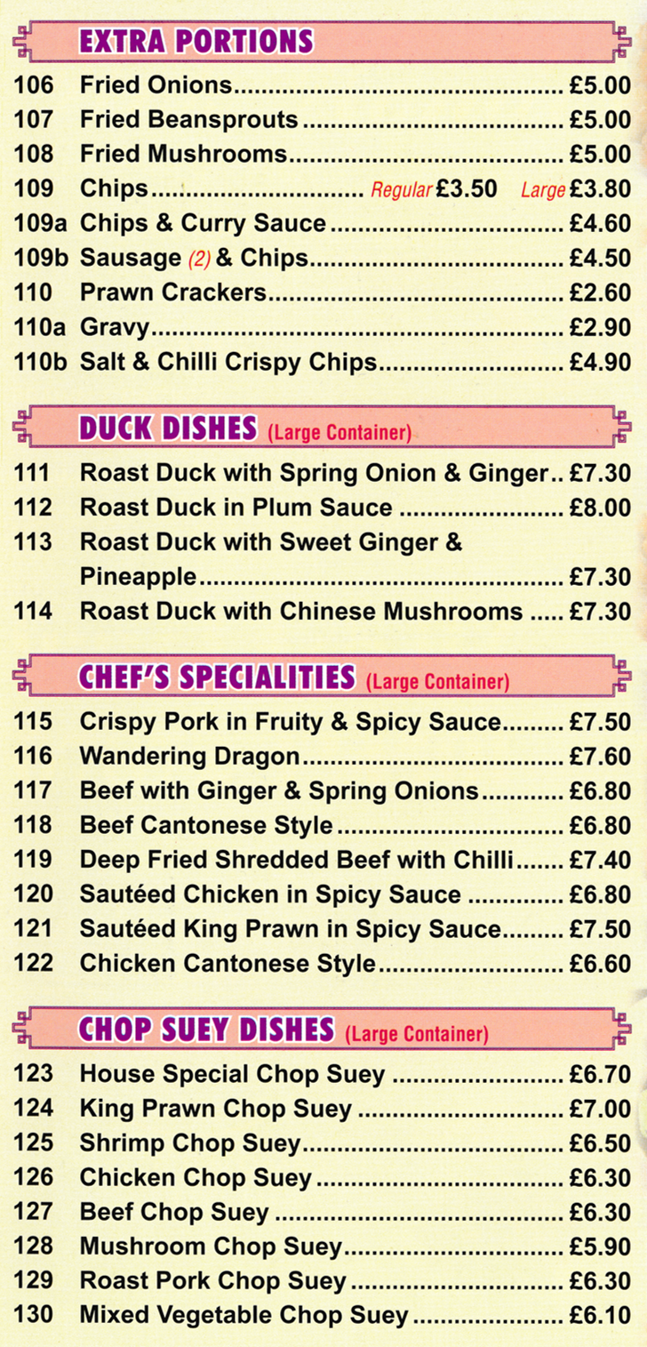 Menu for Wok Wonder in Mansfield - dishes include; Chicken Chop Suey, Wandering Dragon, Beef Cantonese Style, Sauteed King Prawns in Spicy Sauce, Roast Duck in Plum Sauce..
