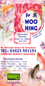 Menu for Woo Hing Chinese food takeaway in Huthwaite near Sutton-In-Ashfield