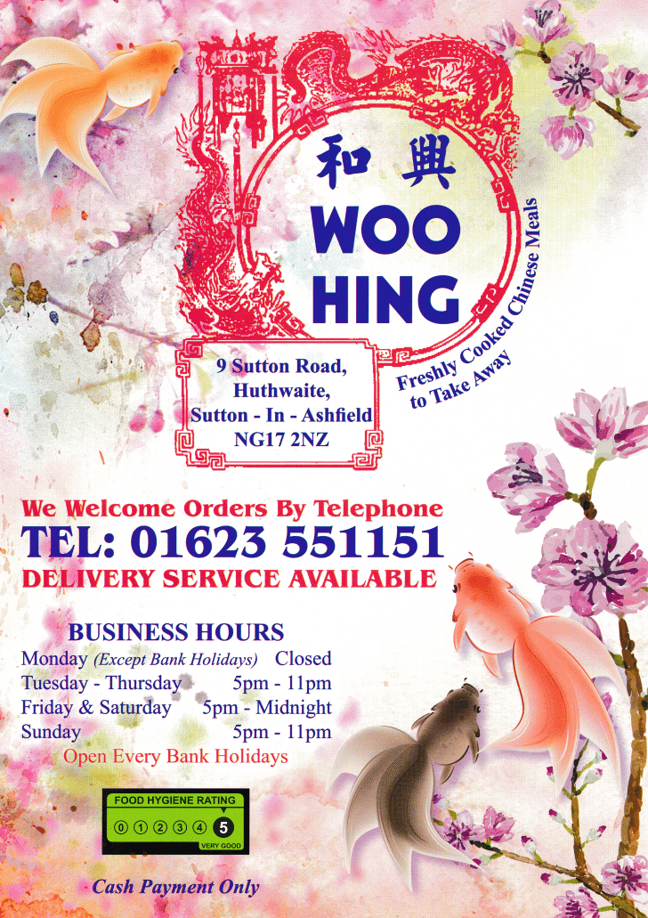 Menu for Woo Hing Chinese and Cantonese cuisine takeaway