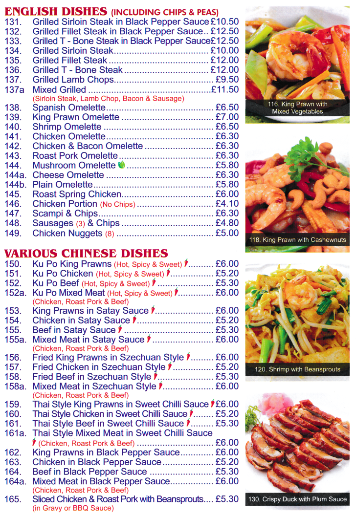 Menu for Woo Hing - Thai Style Chicken in Sweet Chilli Sauce, Fried Beef in Szechuan Style, Ku Po Chicken, Mushroom Omelette, Egg Fried Rice..