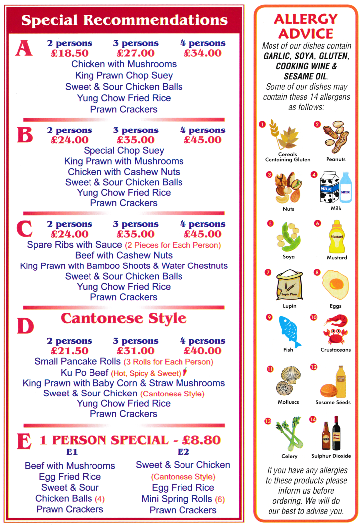 Menu for Woo Hing Chinese food takeaway - recommended set meals