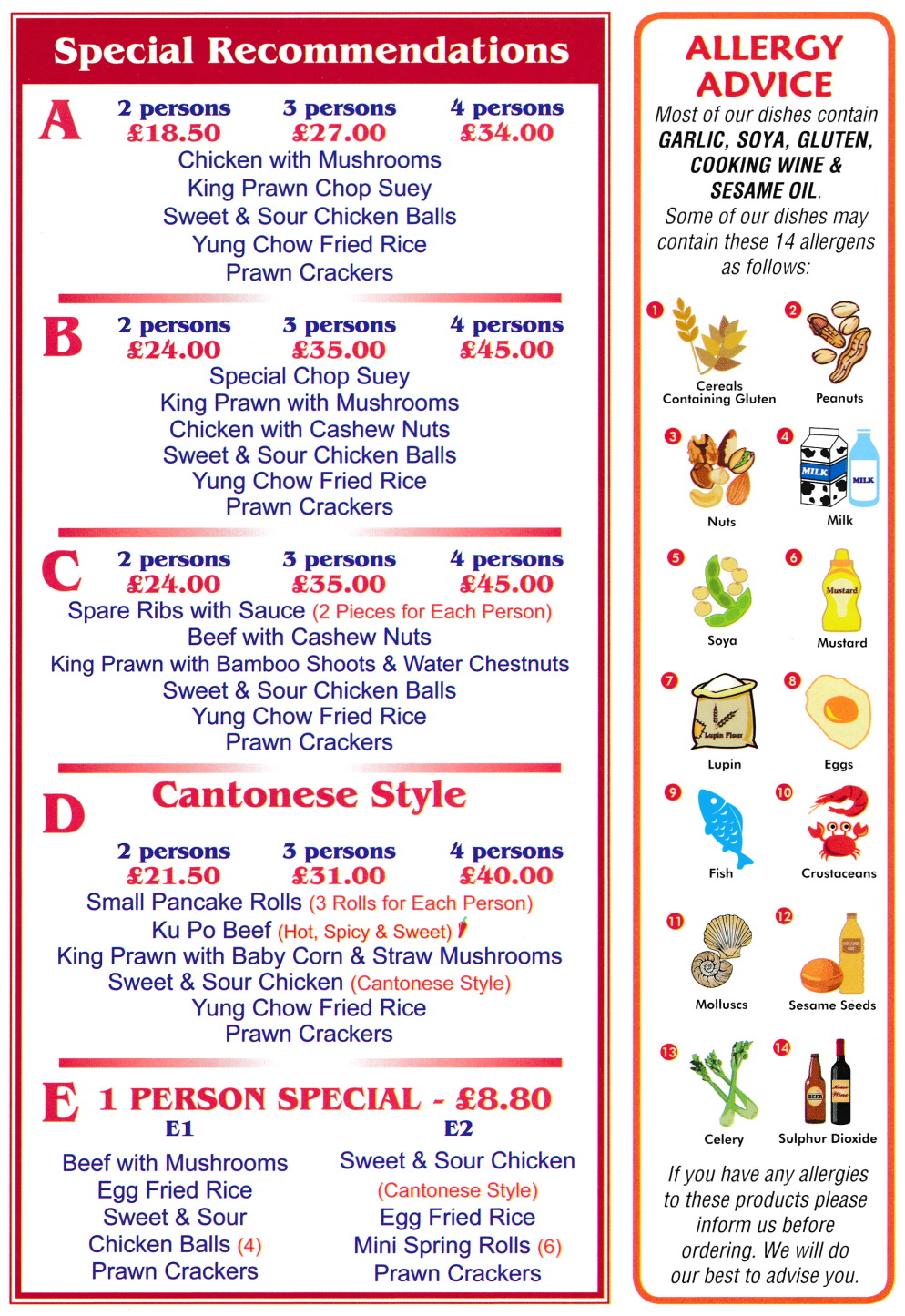 Menu for Woo Hing in Huthwaite - Special Recommendations, Cantonese Style set meals..