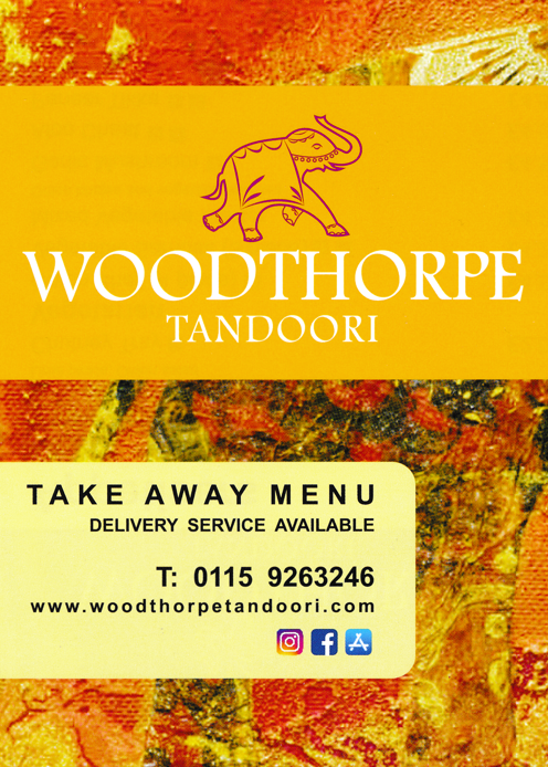 Takeaway menu for Woodthorpe Tandoori Indian restaurant in Woodthorpe near Nottingham