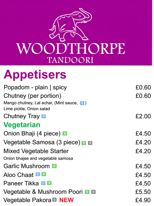 Takeaway menu for Woodthorpe Tandoori restaurant on Mansfield Road in Nottingham - Appetisers