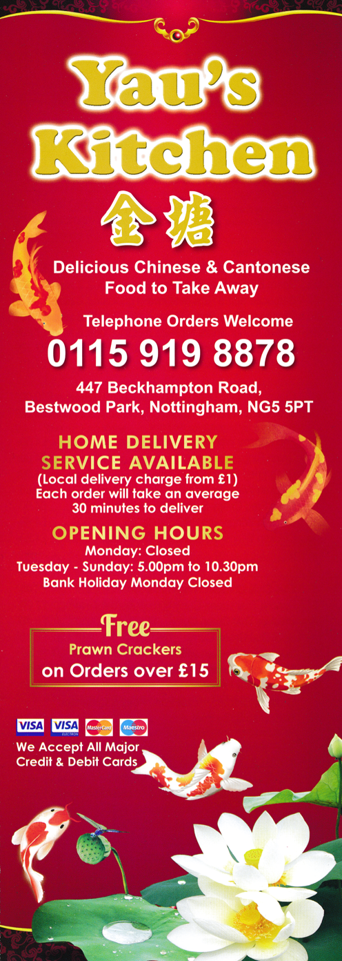 Menu for Yau's Kitchen Chinese takeaway on Beckhampton Road in Bestwood Park, Nottingham NG5 5PT