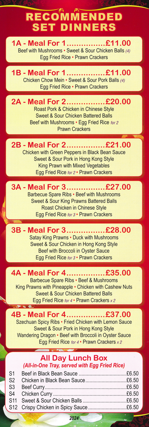 Menu for Yau's Kitchen - Set Dinners - Chinese and Cantonese meals to takeaway