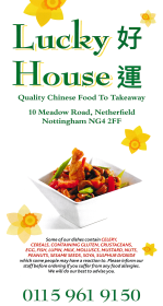 Menu for Lucky House Chinese takeaway on Meadow Road in Netherfield, Nottingham NG4 2FF