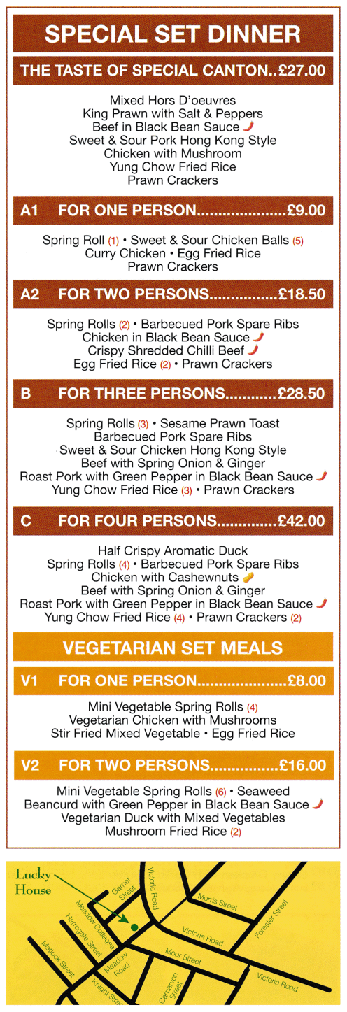 Menu for Lucky House Chinese takeaway in Netherfield, Nottingham