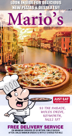 Takeaway and delivery menu for Mario's Pizzas on Wolds Drive in Keyworth NG12 5FT