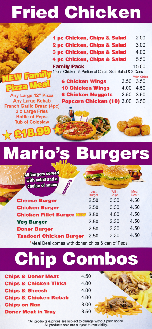 Takeaway menu for Mario's (Jacket Potatoes, Breaded Garlic Mushrooms, Keema Nan, Onion Rings, French Fries, Salad Box, Potato Wedges..)