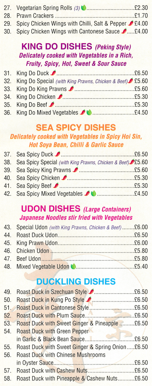 Menu for Nanking Garden Chinese, Cantonese and Peking cuisine takeaway in Nottingham