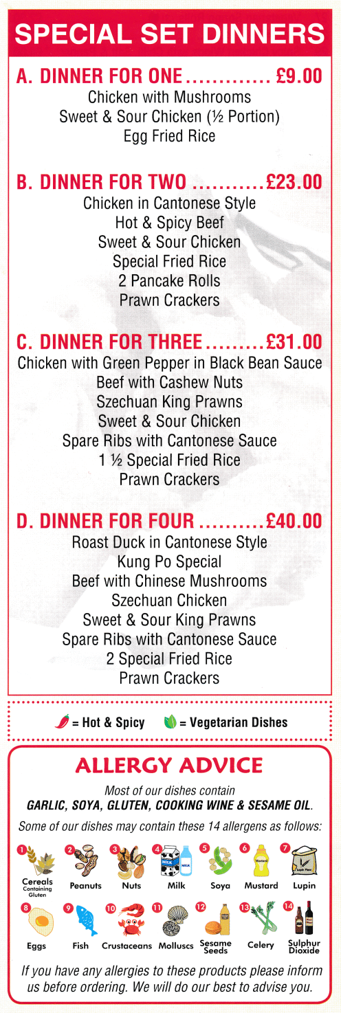 Menu for Nanking Garden Chinese takeaway (Wandering Dragon, Happy Family, Merry Paradise, Spare Ribs, Crispy Aromatic Duck..)