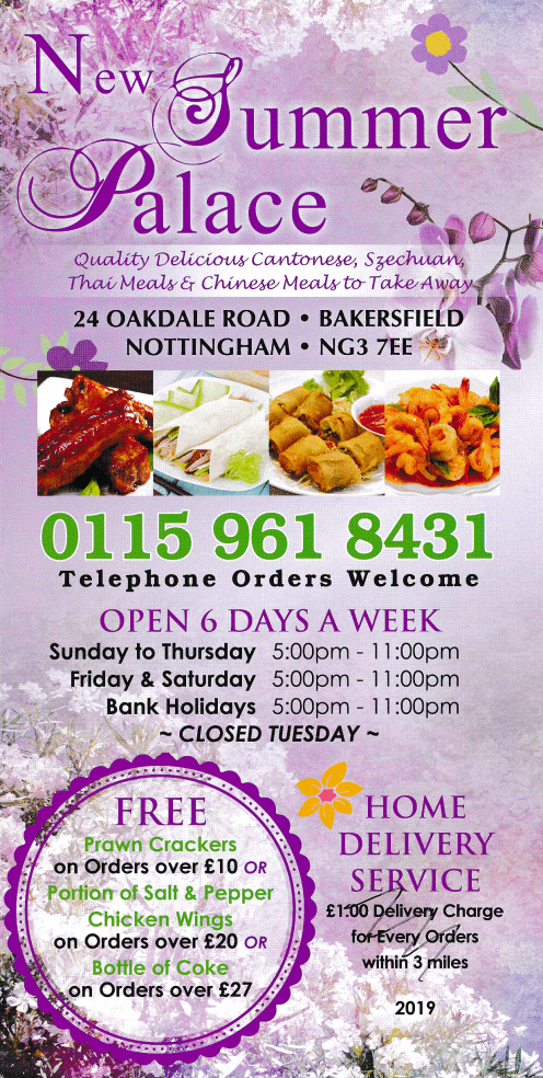 Menu For New Summer Palace Chinese Takeaway In Nottingham