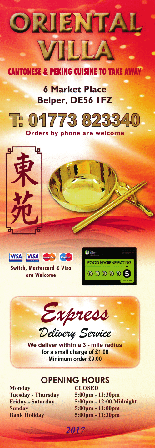 Menu for Oriental Villa Chinese takeaway on Market Place in Belper, Derbyshire DE56 1FZ