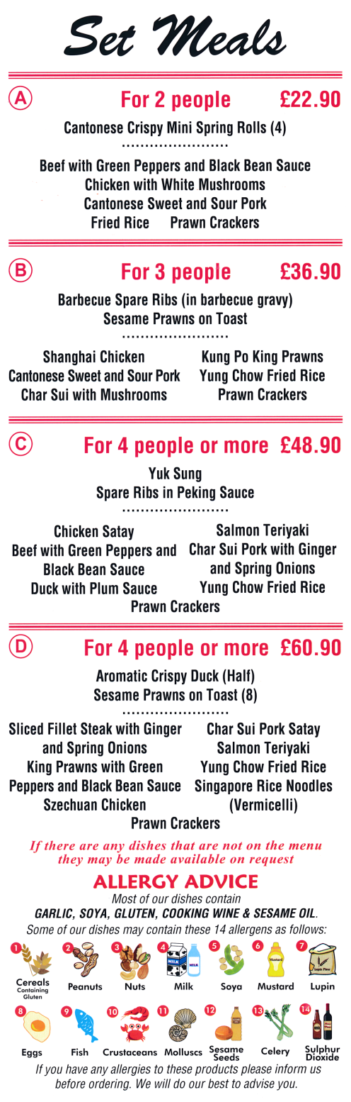 Menu for Oriental Villa Chinese takeaway on Market Place in Belper, Derbyshire DE56 1FZ