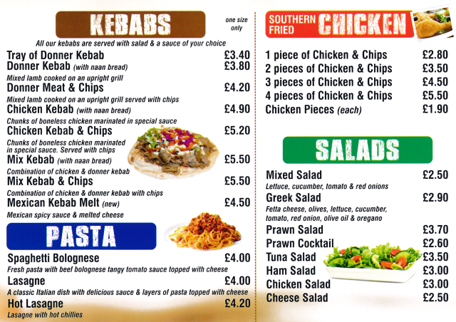 Menu for Pizza Zone (pizzas, kebabs, southern fried chicken, salads, pasta, burgers..)