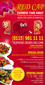 Menu for Red Cap Chinese food takeaway on Musters Road in West Bridgford, Nottingham NG2 7PL