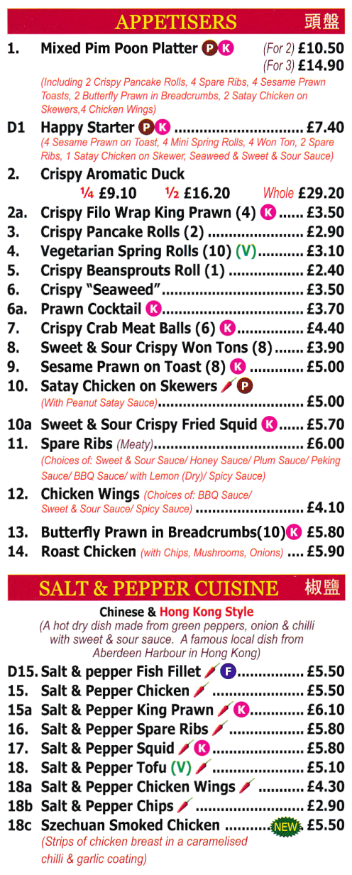 Menu for Red Cap Chinese takeaway (Spare Ribs, Crispy Crab Meat Balls, Sweet & Sour Crispy Fried Squid, Szechaun Smoked Chicken..)