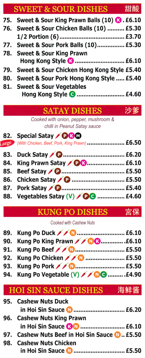 Menu for Red Cap (King Prawn Satay, Sweet & Sour Chicken Hong Kong Style, Cashew Nuts Duck in Hoi Sin Sauce, Kung Po Pork..)