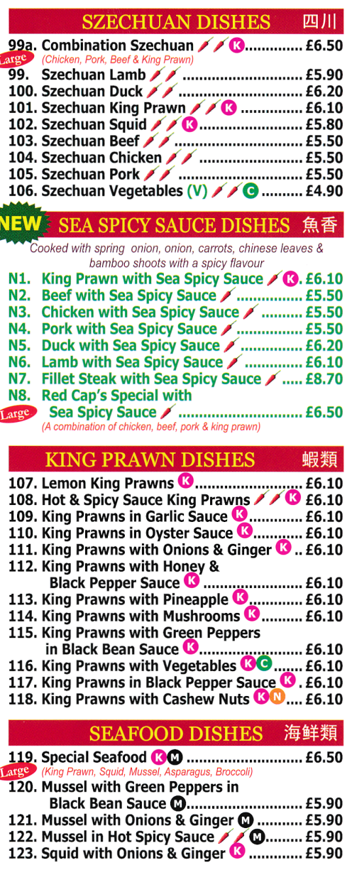 Menu for Red Cap Chinese takeaway and delivery in West Bridgford near Nottingham