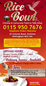 Menu for Rice Bowl Chinese takeaway on Colwick Road in Sneinton, Nottingham NG2 4AL