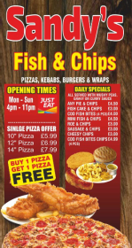 Takeaway menu for Sandy's Fish & Chips in Eastwood near Nottingham