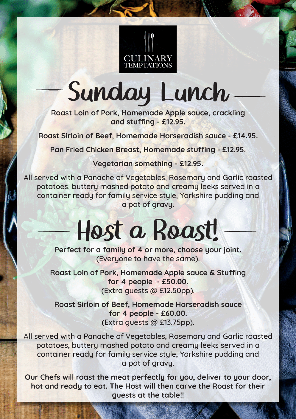Menu for Culinary Temptations - Sunday Lunch, Host a Roast..