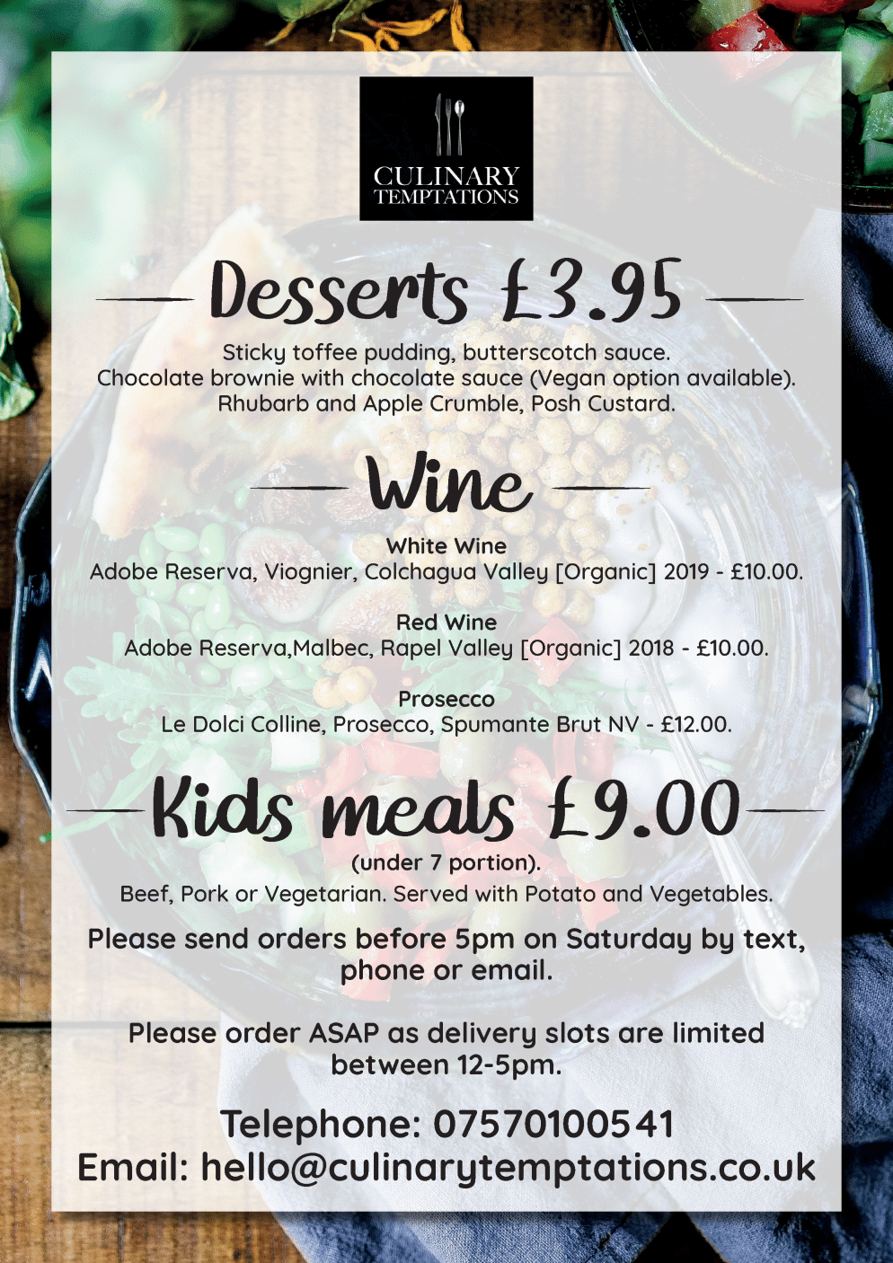 Menu for Culinary Temptations - Desserts, Wine, Kids meals..