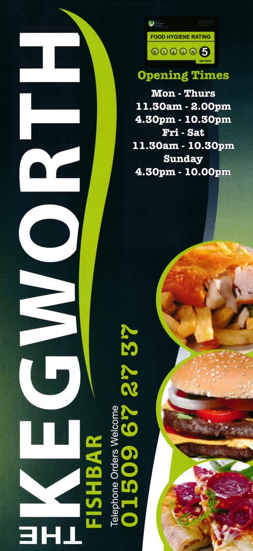 Menu for The Kegworth Fish Bar on Derby Road in Kegworth DE74 2EN