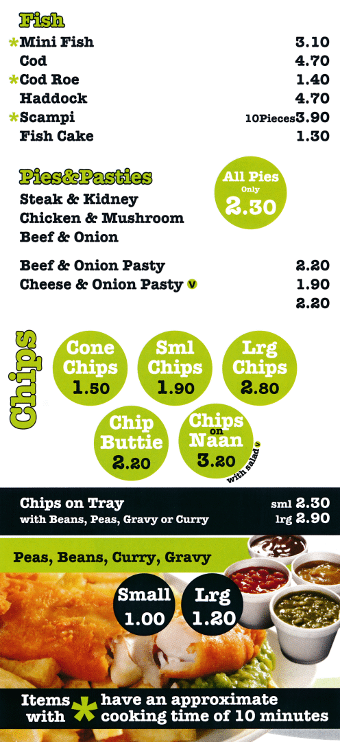 Menu for The Kegworth Fish Bar (Fish & Chips, Pies, Pasties, Pizzas, Burgers, Salads, Chicken Nuggets..)
