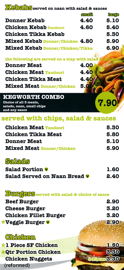 Menu for The Kegworth Fish Bar (Kebabs, Burgers, Fish & Chips, Pies, Pasties, Cod, Haddock, Scampi..)