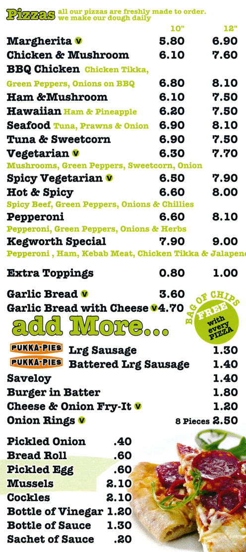 Menu for The Kegworth Fish Bar takeaway (Fish and Chips, Pizzas, Kebabs, Burgers, Fried Chicken..)