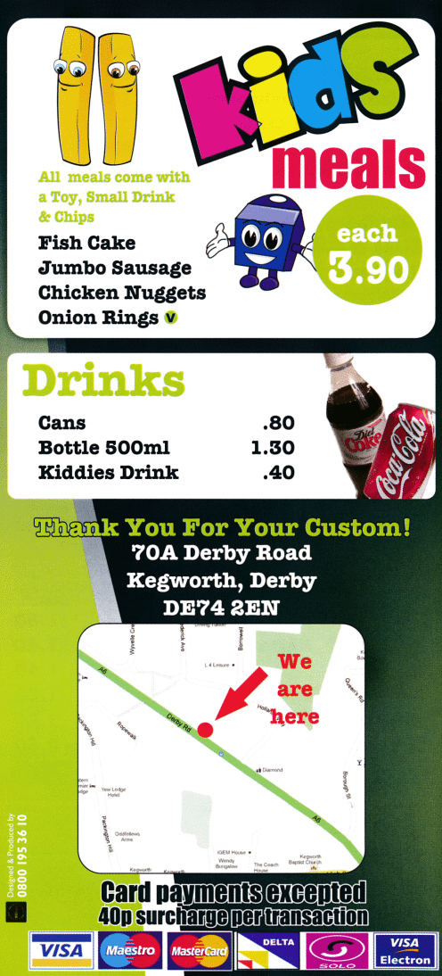 Menu for The Kegworth Fish Bar takeaway on Derby Road in Kegworth DE74 2EN