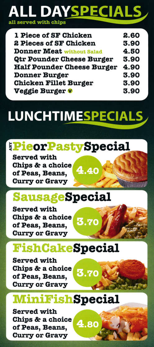 Menu for The Kegworth Fish Bar takeaway on Derby Road in Kegworth