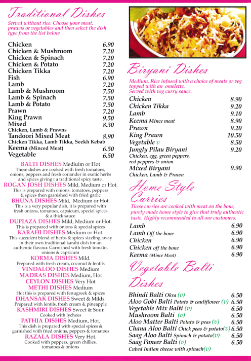 Menu for Shama (Bhuna, Korma, Madras, Vindaloo, Razala, Kashmir, Rogan Josh, Balti, Biryani..)