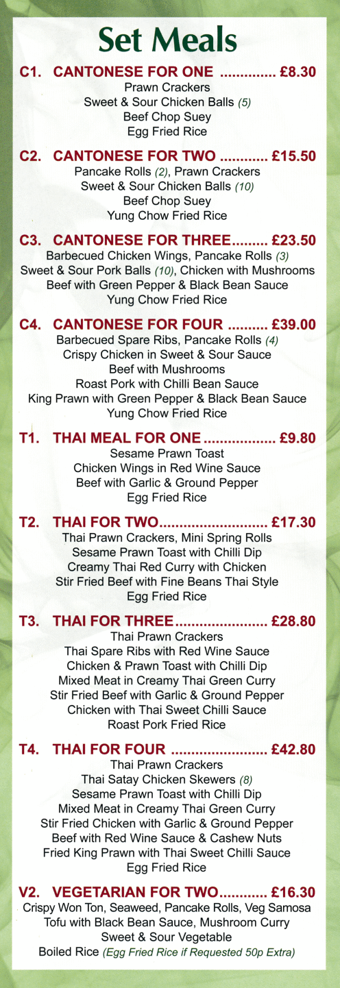 Menu for Top Chef Chinese takeaway in Sneinton, Nottingham