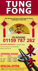 Menu for Tung Fong Chinese takeaway on Western Boulevard in Nottingham NG8 5GN
